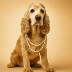 Un cocker élégant, paré de perles, semble réfléchir à la durée de vie d'un cocker.