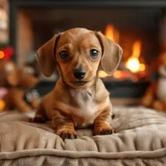 Adorable chiot teckel, la race de chien la plus petite, assis devant un feu de cheminée, entouré de jouets.