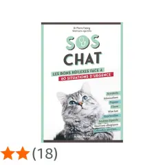 Couverture du livre "SOS Chat" par Dr Pierre Fabing. Un chat gris aux yeux bleus regarde vers le ciel. La liste des symptômes inclut "Accidents", "Intoxications", "Piqûres", "Fièvre", "Mise bas", "Yeux/oreilles", "Troubles digestifs", "Réactions allerg...
