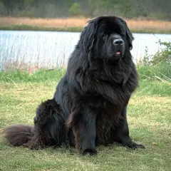Un majestueux terre neuve, tout noir et imposant, est assis sur l'herbe près d'un plan d'eau.