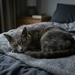 Un chat gris, peut-être de race Chartreux, dort paisiblement sur un lit. Son regard légèrement louche lui donne un air endormi et attendrissant.