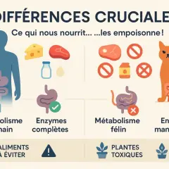 Illustration comparant le métabolisme humain et félin. Certains aliments sont bons pour nous, mais un aliment interdit chaton peut être dangereux pour les chats.