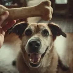 Un chien attend avec impatience un os, un jouet en forme d'agneau.