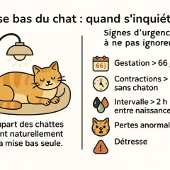 Illustration d'une chatte tigrée endormie. Le texte indique les signes d'urgence lors de la mise bas, notamment un temps de gestation chat supérieur à 66 jours.