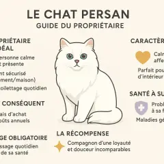 Un adorable **persan chat museau plat** blanc aux yeux bleus, entouré d'informations sur son caractère, sa santé et son entretien.
