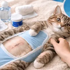 Chatte en convalescence après stérilisation, avec une cicatrice visible et un léger gonflement sous son body bleu. Matériel de soin à proximité.