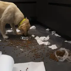 Mon chiot ne mange pas ses croquettes, il préfère jouer avec le papier toilette. Le sol est jonché de croquettes et de papier déchiré.