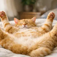 Un chat roux dort paisiblement sur le dos, les pattes en l'air, dans une pose de détente absolue.