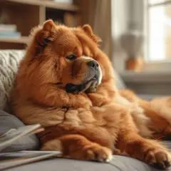 Un magnifique chow chow roux se repose sur un canapé, une couverture torsadée à ses côtés.