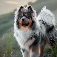 Magnifique berger des Pyrénées, sa longue espérance de vie est un gage de fidélité. Il se tient fièrement dans un champ fleuri.