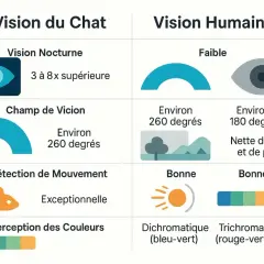 Comparaison de la vision du chat et humaine : vision nocturne, champ de vision, détection de mouvement et perception des couleurs. Les chats voient mieux la nuit et les mouvements.
