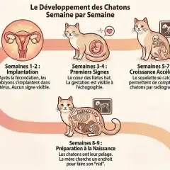 Illustration du développement de la 1ère grossesse chat, de l'implantation à la naissance.