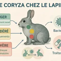 Un lapin souffrant de coryza, avec des symptômes allant de l'écoulement nasal à la détresse respiratoire. Le lapin peut avoir une respiration bruyante. Les bactéries et le traitement sont indiqués.