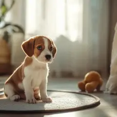 Un adorable chiot brun et blanc assis sur un tapis, attendant patiemment. Il est temps de savoir à quel âge un chiot est propre.