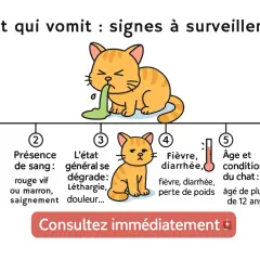 Chat qui vomit : signes à surveiller. L'image montre un chat qui vomit, avec des indicateurs sur la fréquence, la présence de sang, l'état général, la fièvre, l'âge et la condition du chat. Ce type de vomi chat peut indiquer un problème.
