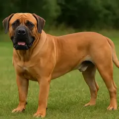 Un imposant chien sud-africain, au pelage fauve et au regard attentif, se tient fièrement sur une pelouse verdoyante.