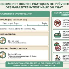 Calendrier de vers chat traitement : vermifugation des chatons, chats d'intérieur et d'extérieur. Actions complémentaires : lutte anti-puces, hygiène, surveillance alimentaire, suivi vétérinaire.