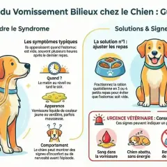 Illustration expliquant le vomissement bilieux chez le chien, une gastrite causée par la bile dans un estomac vide. Conseils pour éviter l'ulcère gastrique.