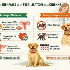 Infographie sur les bienfaits de la stérilisation d'une chienne : réduction des tumeurs, espérance de vie, prévention des infections, moins d'errance, moins d'agressivité et suppression des chaleurs.