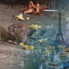 Deux souris se blottissent sur le sol, peut-être une question sur combien de souris par portée. Paris et la Tour Eiffel en arrière-plan.