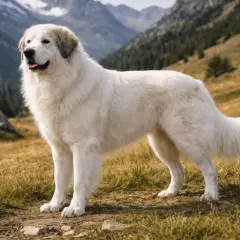 Majestueux chien blanc, gardien des montagnes des Pyrénées, se tient fièrement sur un sentier herbeux.
