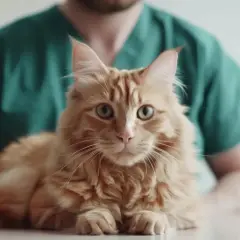 Un beau chat roux aux yeux verts, posé sur une table, avec un vétérinaire en blouse verte en arrière-plan. Une image évoquant la décision de castrer un chat.