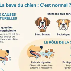 Un chien qui bave, comme le Saint-Bernard, le Bouledogue ou le Mastiff, peut être normal. La morphologie de certaines races favorise ce phénomène.