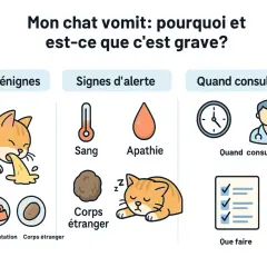 Mon chat vomit des boules de poils, mais cela peut aussi être dû à son alimentation ou à un corps étranger. L'image montre les causes et les signes d'alerte.