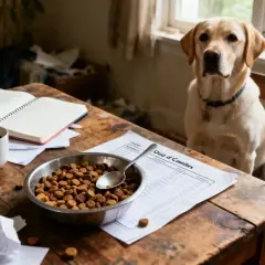Un labrador attend patiemment à table, une gamelle de croquettes devant lui, sur un document intitulé "Quo d'Caulites", peut-être pour sa ration journalière chien.