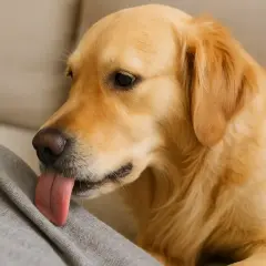 Un golden retriever, peut-être sujet à un léchage compulsif chez le chien, lèche un tissu gris.