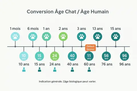Graphique de conversion âge chat / âge humain. Un chat de 1 an équivaut à 15 ans humains, et un chat de 15 ans à 76 ans humains.