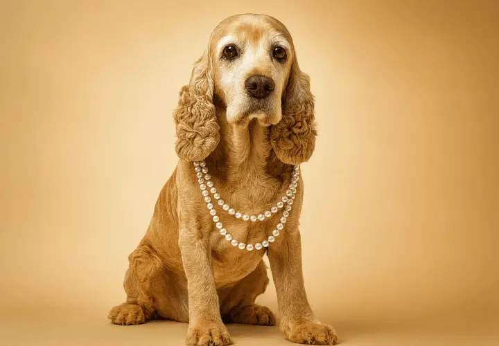 Un cocker élégant, paré de perles, semble réfléchir à la durée de vie d'un cocker.