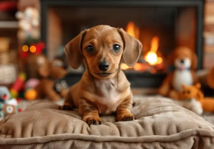 Adorable chiot teckel, la race de chien la plus petite, assis devant un feu de cheminée, entouré de jouets.