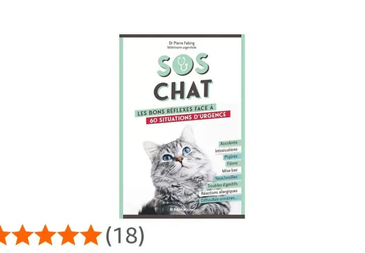 Couverture du livre "SOS Chat" par Dr Pierre Fabing. Un chat gris aux yeux bleus regarde vers le ciel. La liste des symptômes inclut "Accidents", "Intoxications", "Piqûres", "Fièvre", "Mise bas", "Yeux/oreilles", "Troubles digestifs", "Réactions allerg...