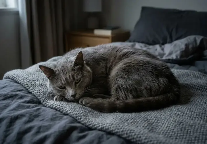 Un chat gris, peut-être de race Chartreux, dort paisiblement sur un lit. Son regard légèrement louche lui donne un air endormi et attendrissant.