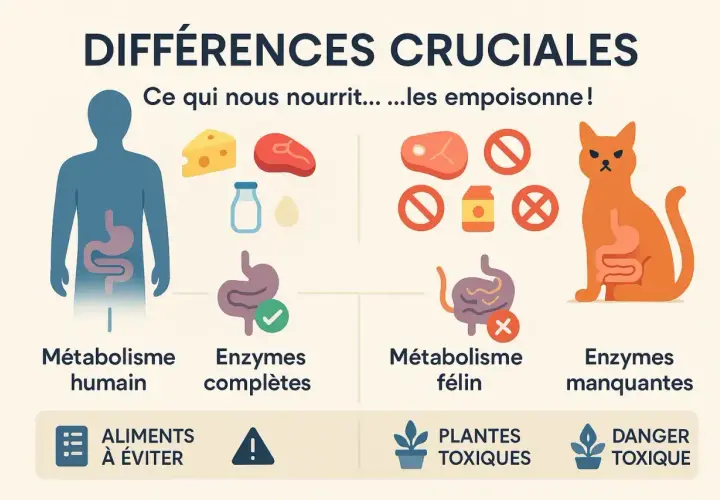Illustration comparant le métabolisme humain et félin. Certains aliments sont bons pour nous, mais un aliment interdit chaton peut être dangereux pour les chats.