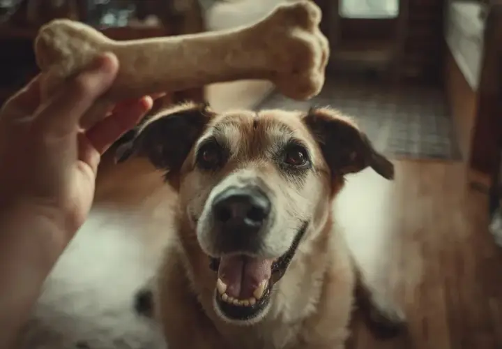 Un chien attend avec impatience un os, un jouet en forme d'agneau.