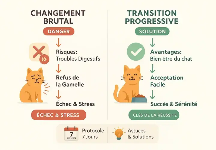 Illustration comparant un changement alimentaire brutal (danger, troubles digestifs, refus) à une transition alimentaire progressive (solution, bien-être, succès) pour un chat.