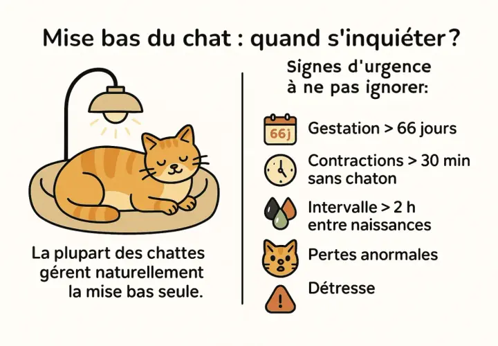 Illustration d'une chatte tigrée endormie. Le texte indique les signes d'urgence lors de la mise bas, notamment un temps de gestation chat supérieur à 66 jours.