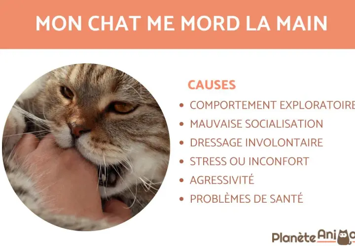 Un chaton qui mord la main, explorant son environnement. Causes : comportement exploratoire, mauvaise socialisation, dressage involontaire, stress, agressivité, problèmes de santé.