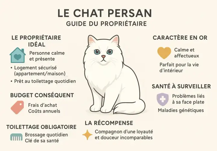 Un adorable **persan chat museau plat** blanc aux yeux bleus, entouré d'informations sur son caractère, sa santé et son entretien.