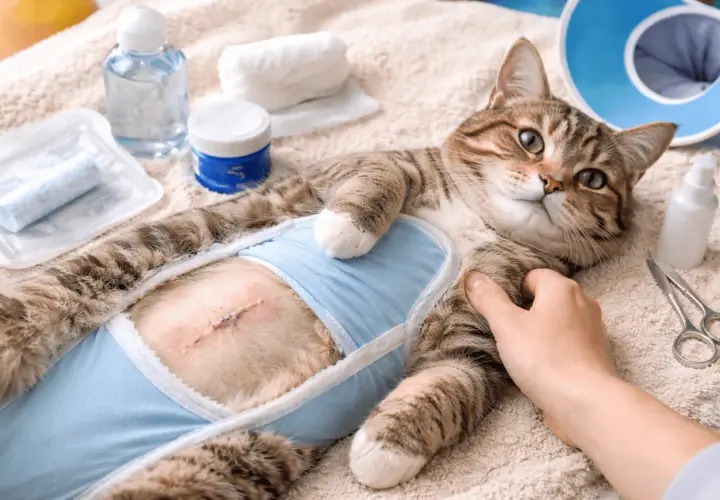 Chatte en convalescence après stérilisation, avec une cicatrice visible et un léger gonflement sous son body bleu. Matériel de soin à proximité.