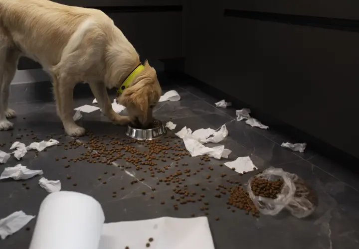 Mon chiot ne mange pas ses croquettes, il préfère jouer avec le papier toilette. Le sol est jonché de croquettes et de papier déchiré.