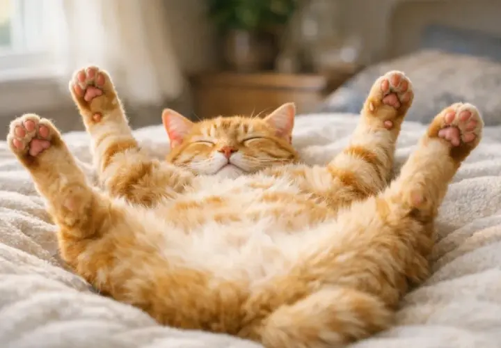 Un chat roux dort paisiblement sur le dos, les pattes en l'air, dans une pose de détente absolue.