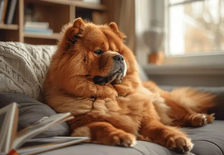 Un magnifique chow chow roux se repose sur un canapé, une couverture torsadée à ses côtés.