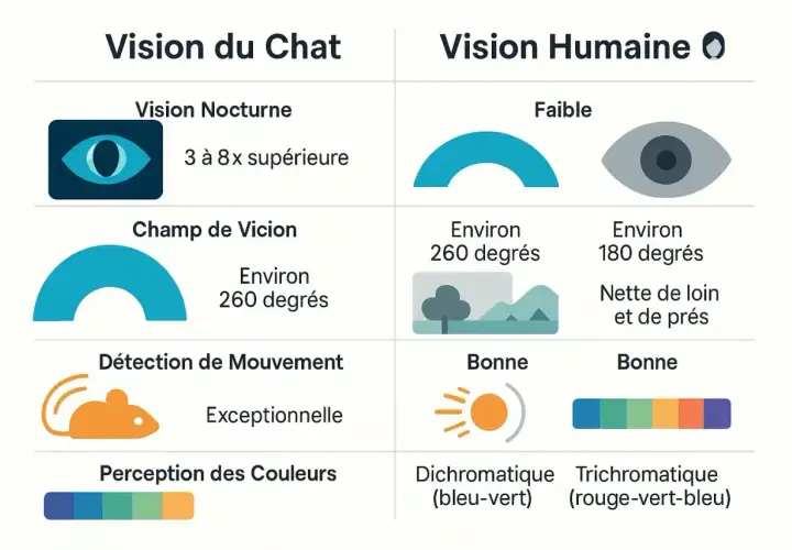 Comparaison de la vision du chat et humaine : vision nocturne, champ de vision, détection de mouvement et perception des couleurs. Les chats voient mieux la nuit et les mouvements.