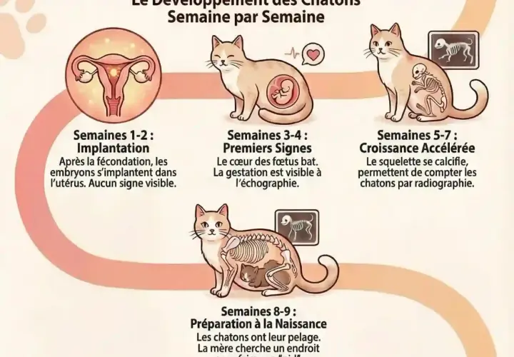 Illustration du développement de la 1ère grossesse chat, de l'implantation à la naissance.