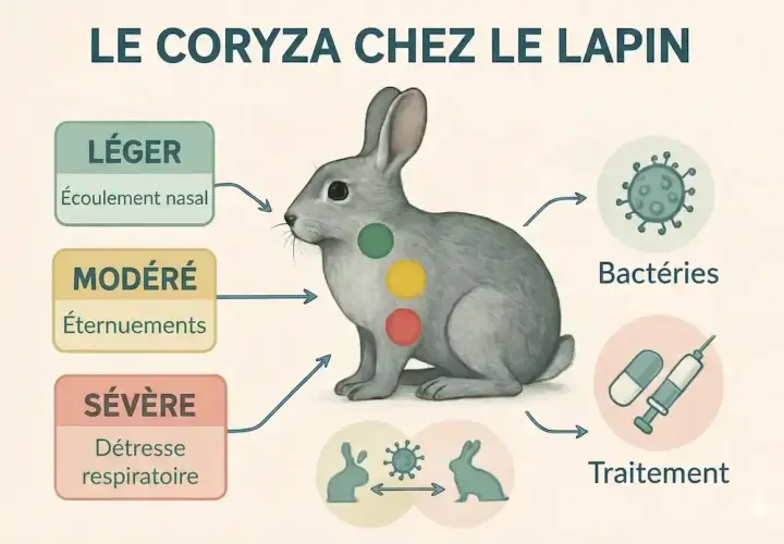 Un lapin souffrant de coryza, avec des symptômes allant de l'écoulement nasal à la détresse respiratoire. Le lapin peut avoir une respiration bruyante. Les bactéries et le traitement sont indiqués.