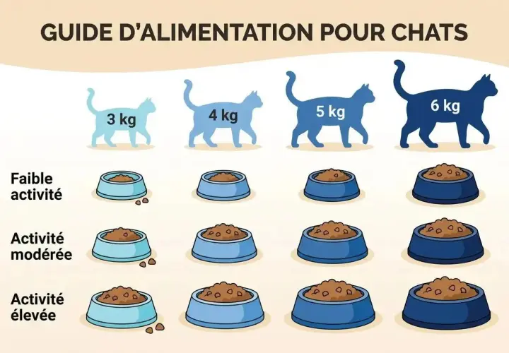 Guide d'alimentation pour chats : le nombre de repas par jour dépend du poids et de l'activité. Un chat de 3 kg peu actif mange moins qu'un chat de 6 kg très actif.