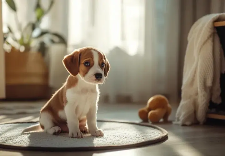 Un adorable chiot brun et blanc assis sur un tapis, attendant patiemment. Il est temps de savoir à quel âge un chiot est propre.